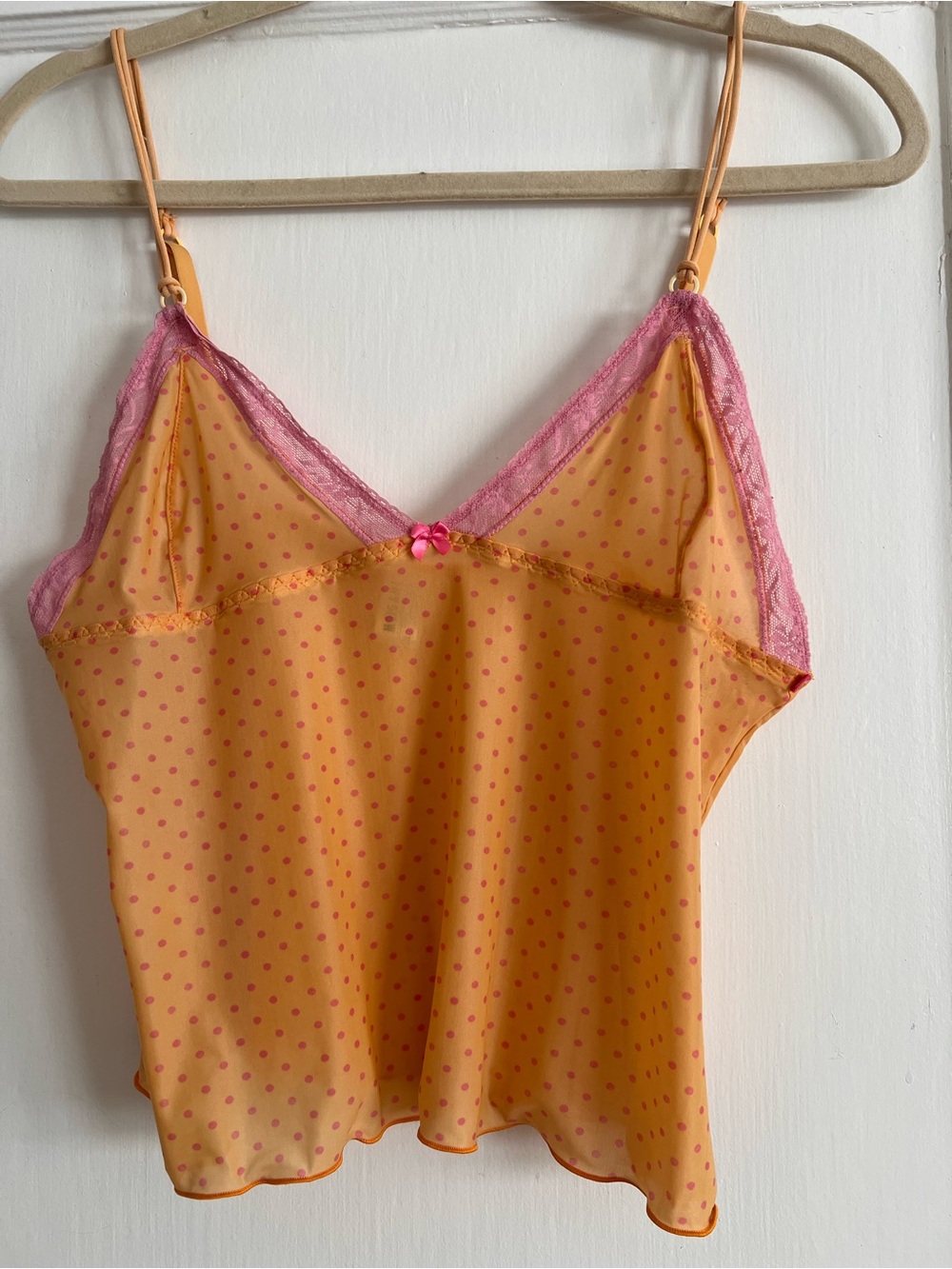 Morgan de Toi Orange Polka-Dot Camisole with Pink Lace Trim
